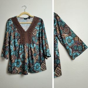 🚨👉 LAST CHANCE 3/$35 R.Q.T Woman Crochet V-Neck Baby Doll Blouse 1X Brown Teal